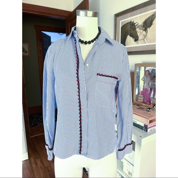 Stripes Blue and White Button Down Shirt with Red embellished piping detail - Picture 1 of 7